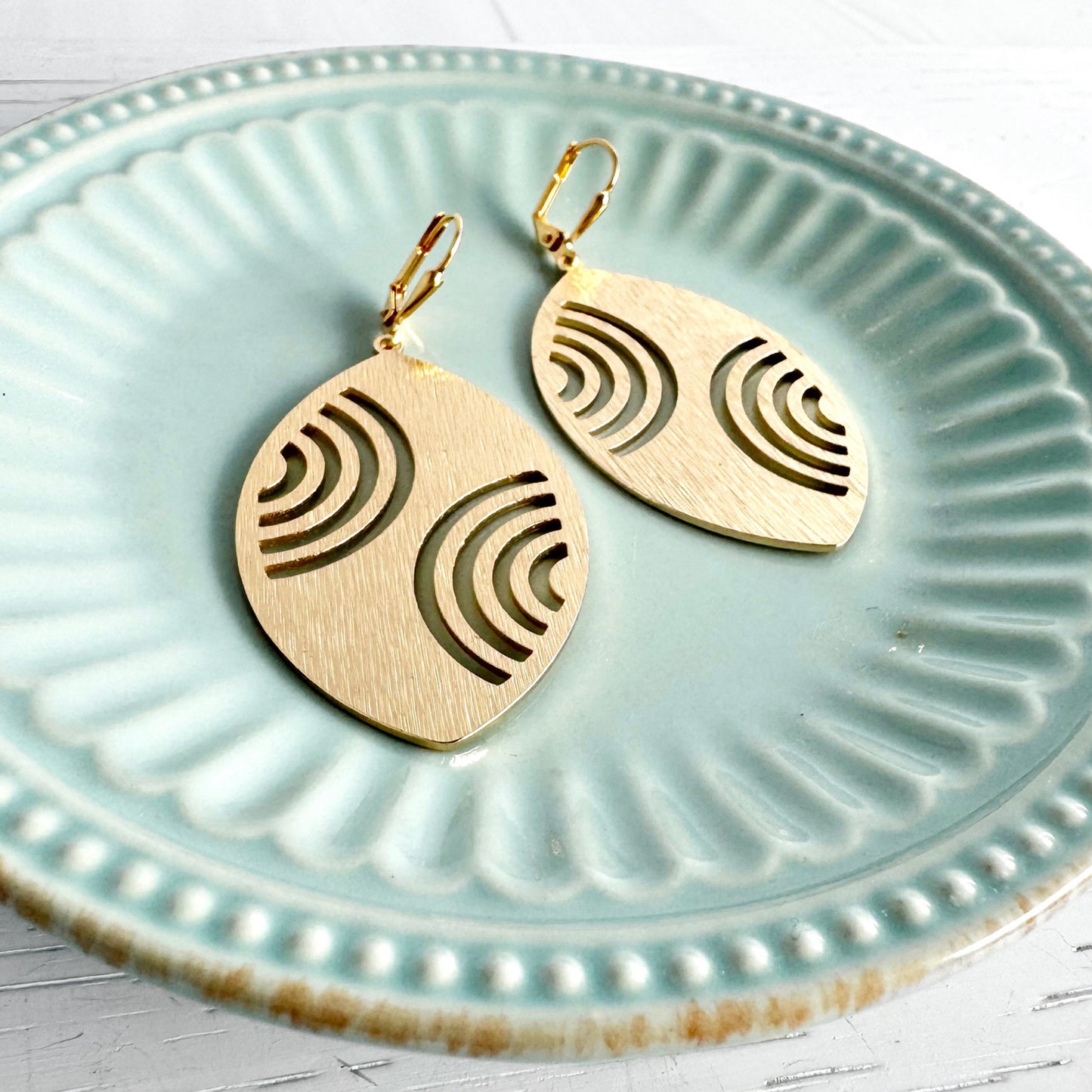Rainbow Etched Marquise Earrings in Brushed Gold