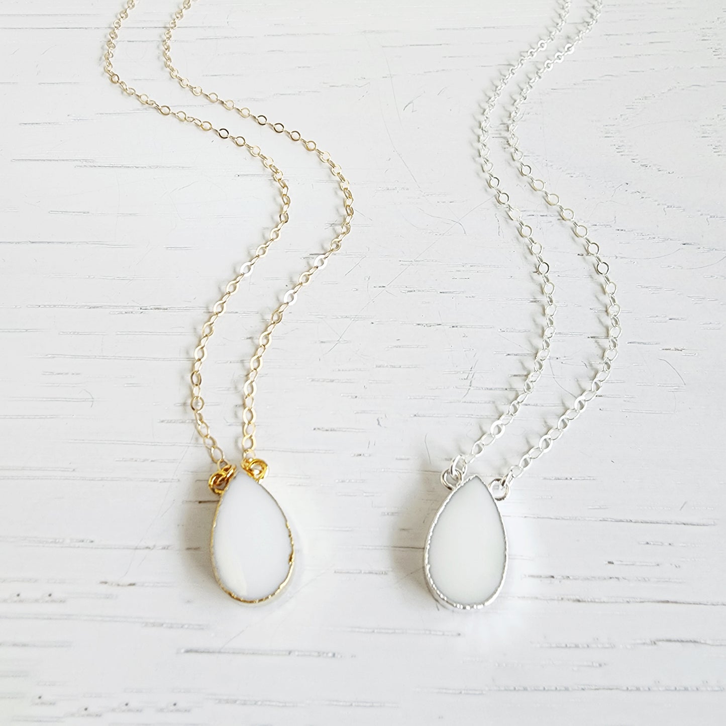 White Agate Teardrop Necklace in Gold and Silver