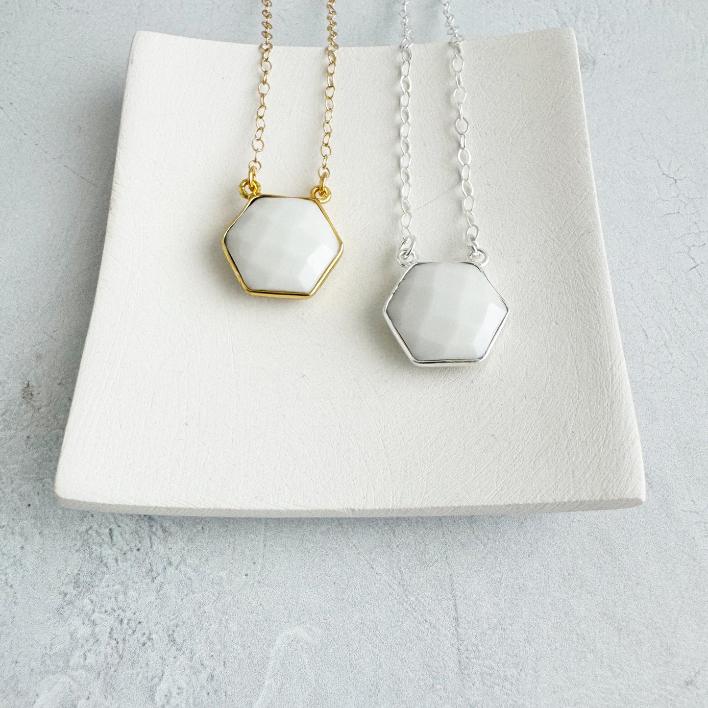 Dainty Hexagon Bezel Necklace - White Agate