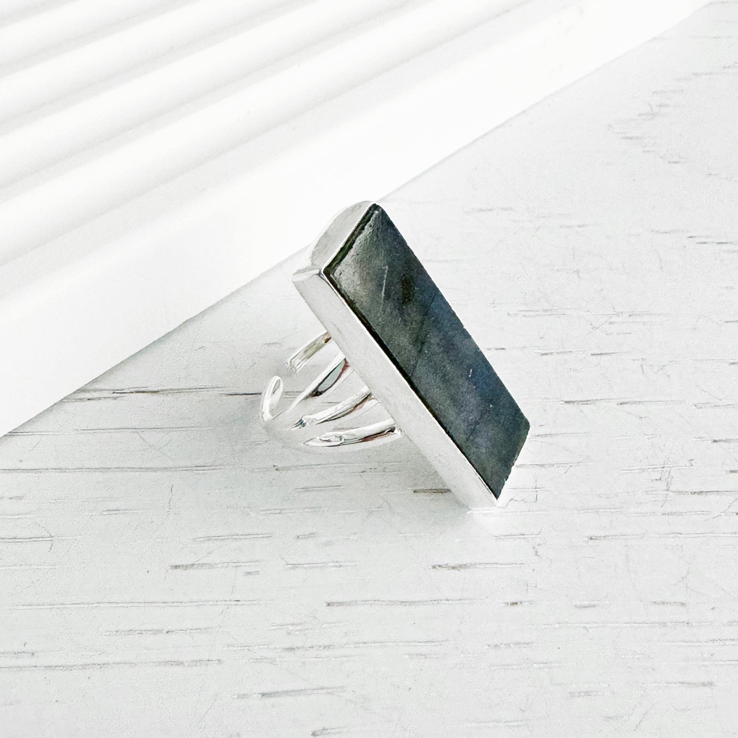 Large Labradorite Rectangle Bar Statement Ring in Gold and Silver