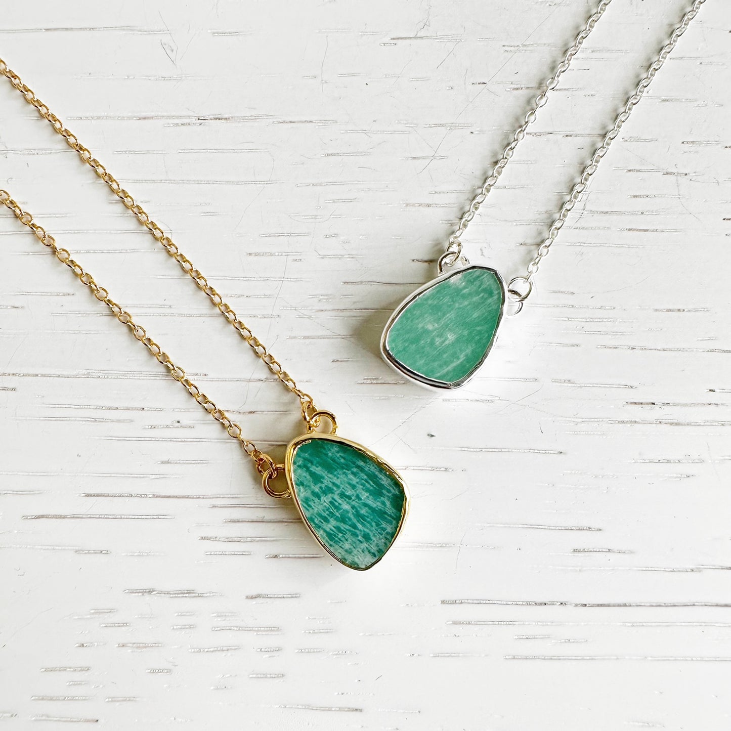 Amazonite Asymmetrical Teardrop Necklace in Gold and Silver