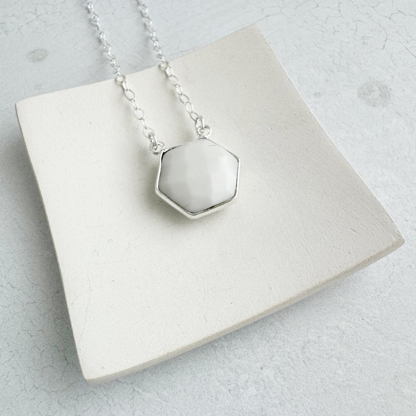 Dainty Hexagon Bezel Necklace - White Agate