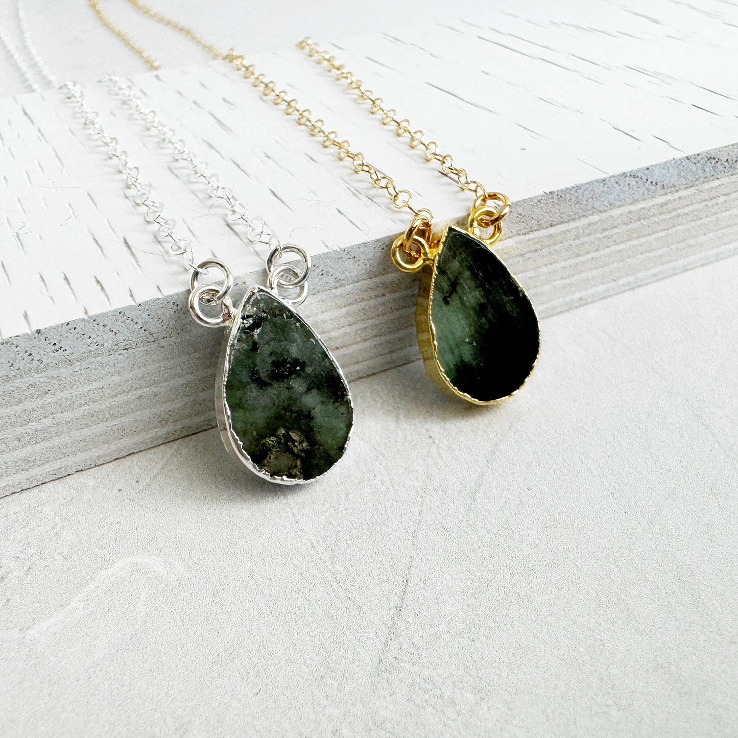 Simple Teardrop Necklace - Raw Emerald