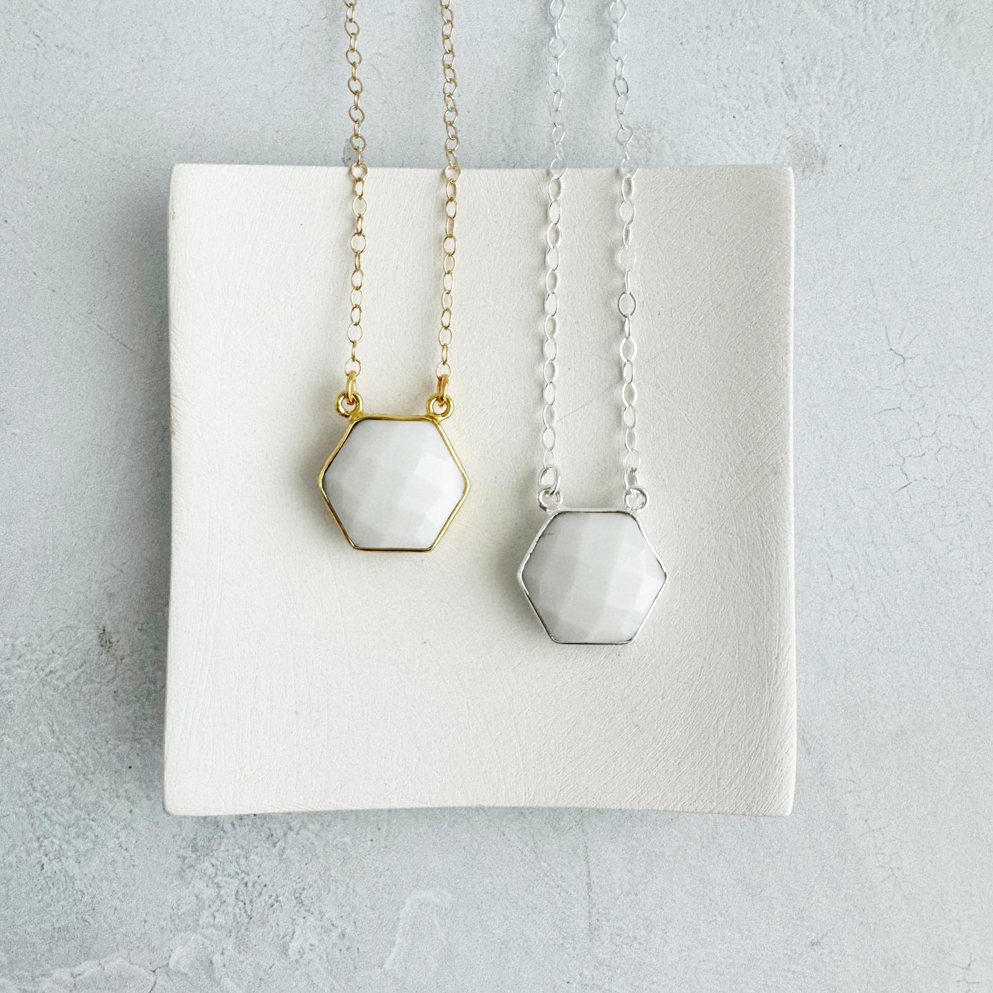 Dainty Hexagon Bezel Necklace - White Agate