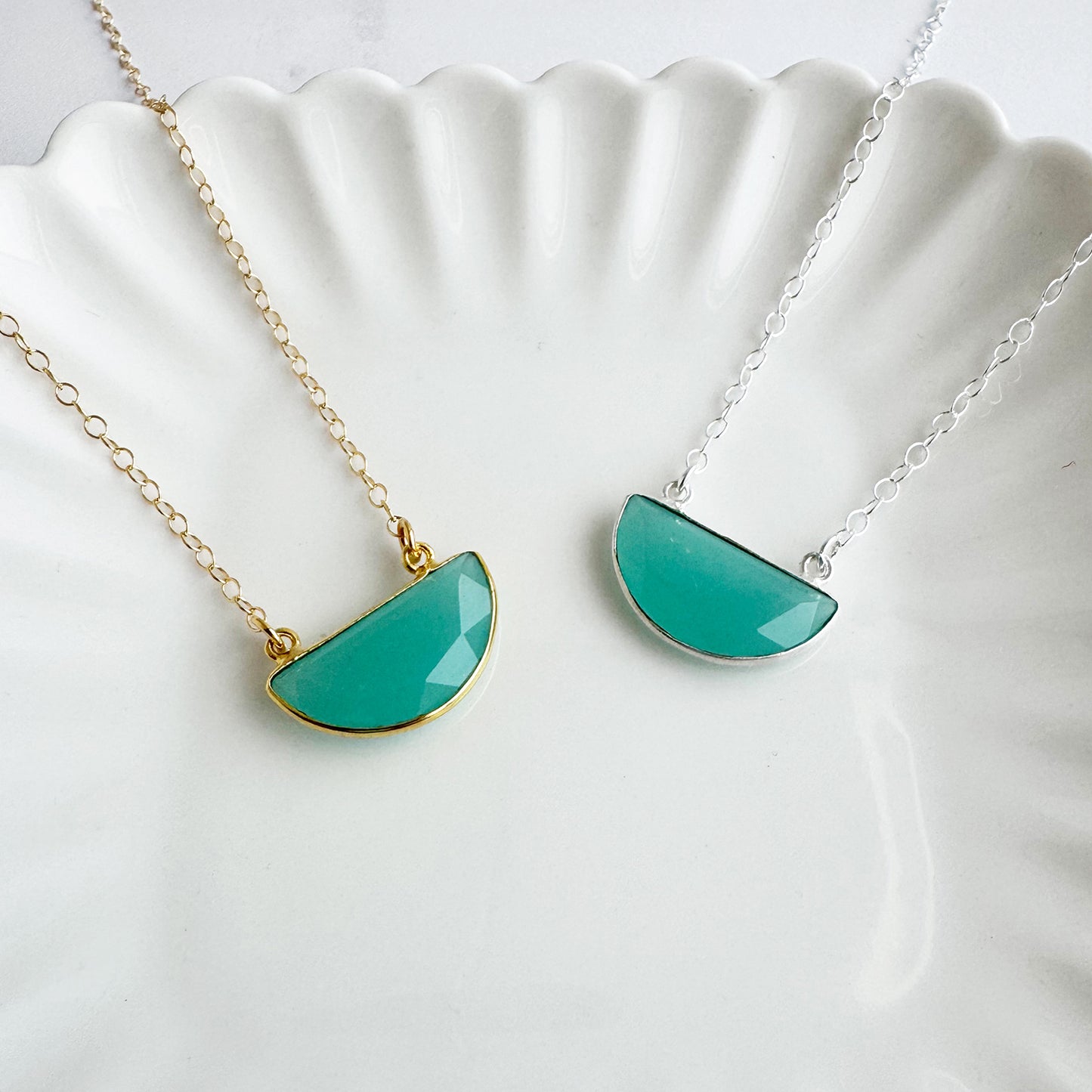 Small Half Moon Crescent Necklace - Aqua Chalcedony