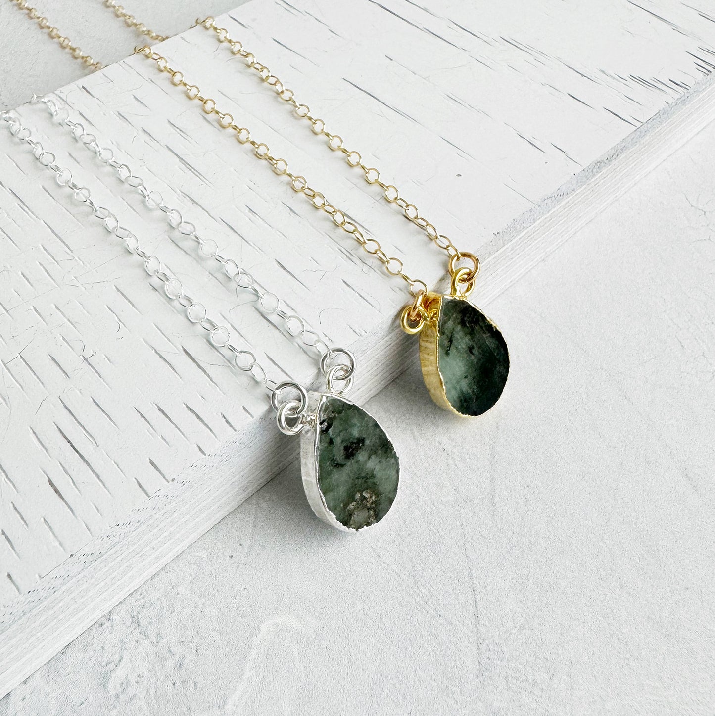 Simple Teardrop Necklace - Raw Emerald