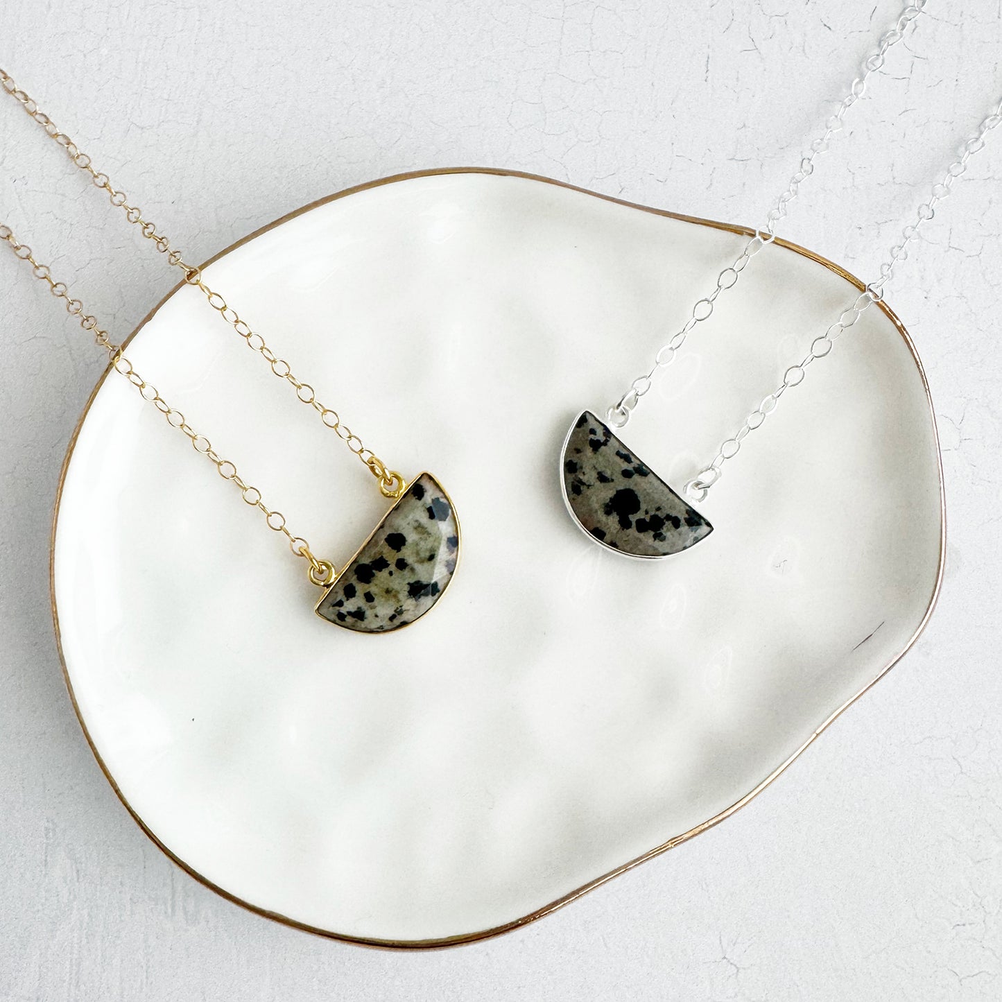 Small Half Moon Crescent Necklace - Dalmatian Jasper