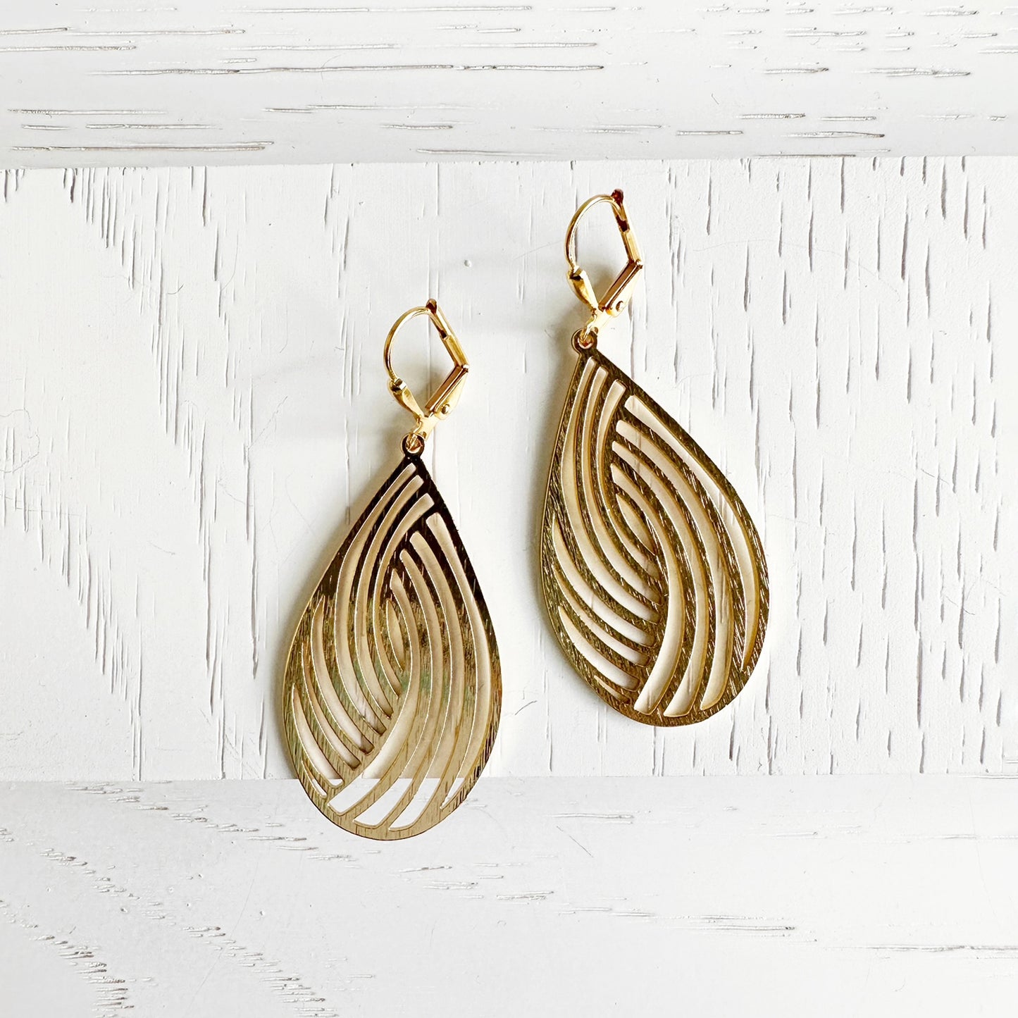 Swirl Teardrop Dangle Earrings in Brushed Brass Gold