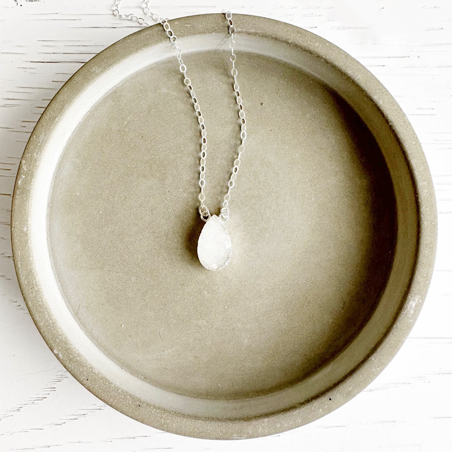 Small White Druzy Teardrop Necklace in Gold Filled or Sterling Silver
