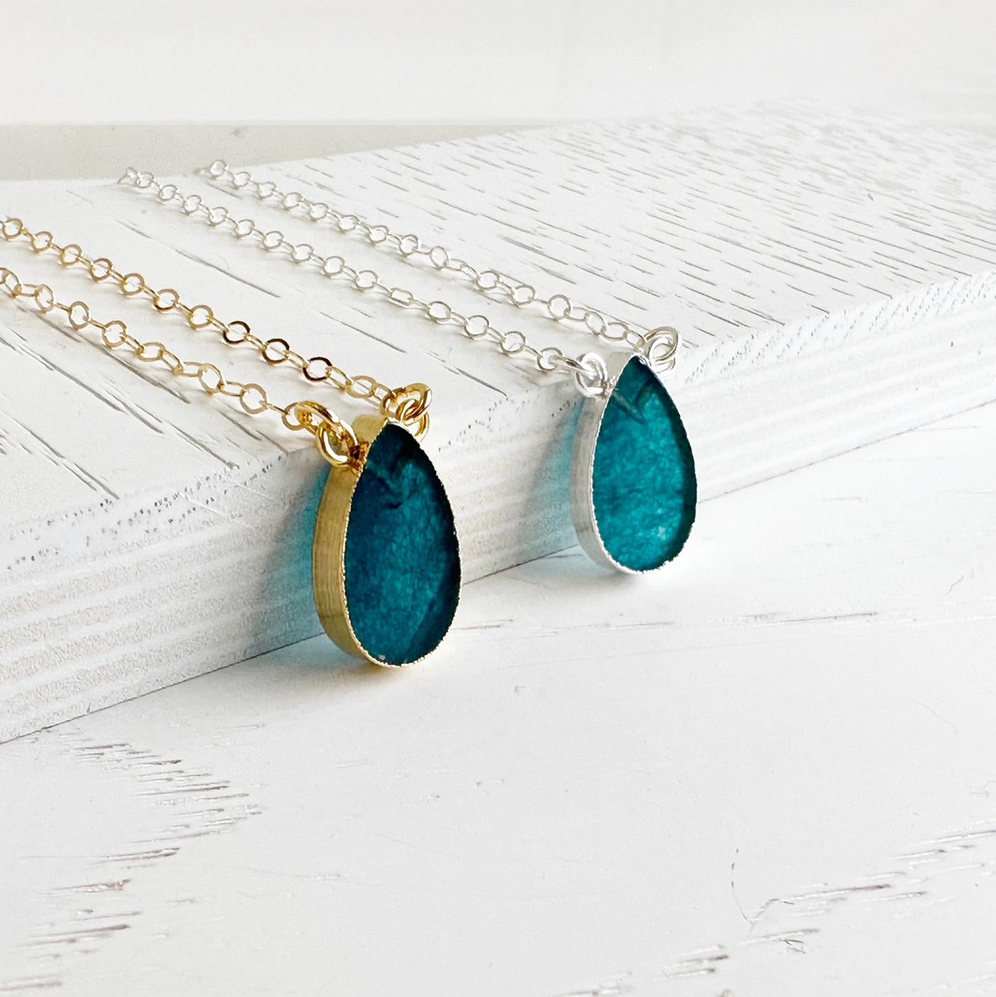 Apatite Teardrop Slice Necklace in 14k Gold Filled or Sterling Silver
