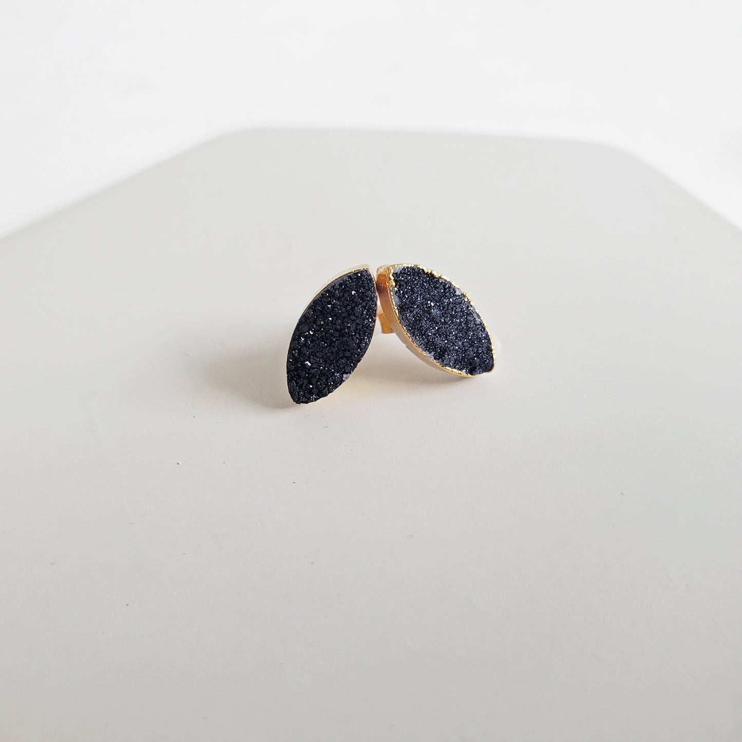 Black Druzy Marquise Stud Earrings in Gold