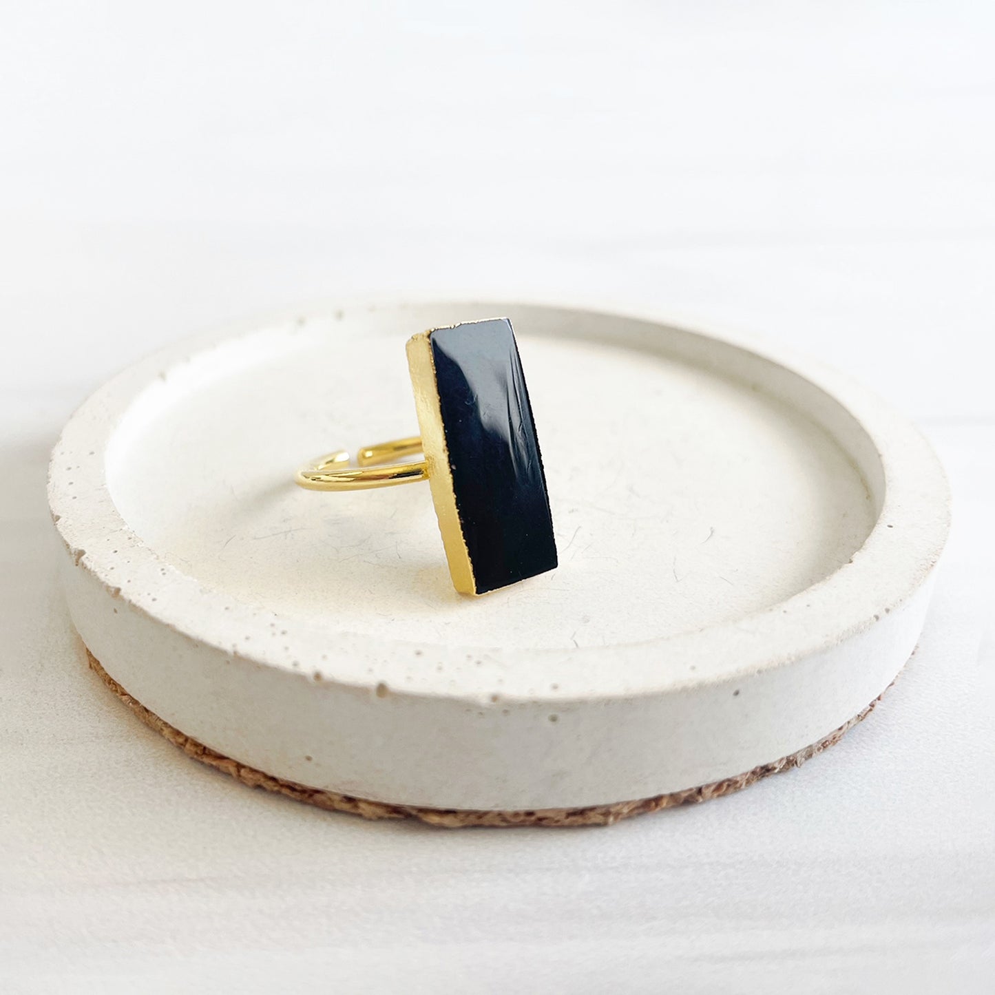 Black Onyx Rectangle Bar Statement Ring in Gold and Silver