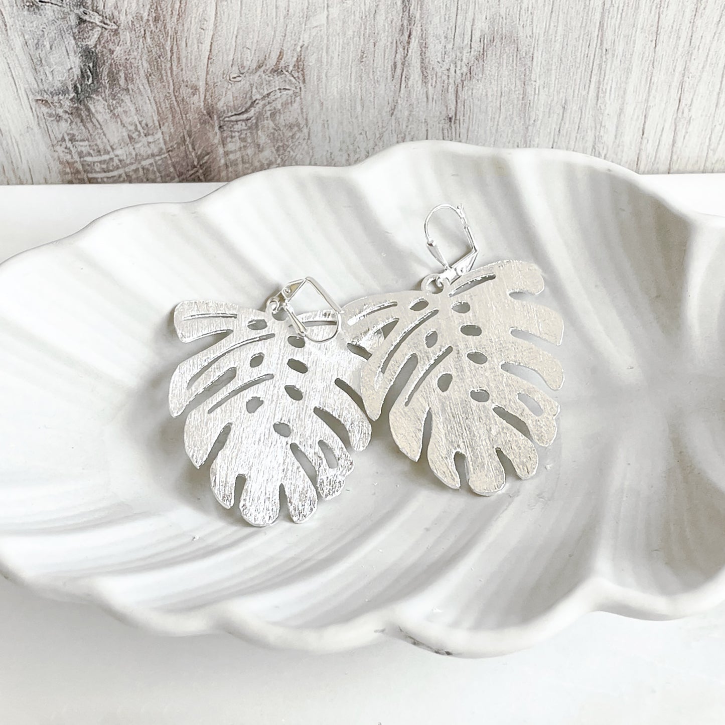 Monstera Dangle Statement Earrings in Brushed Silver