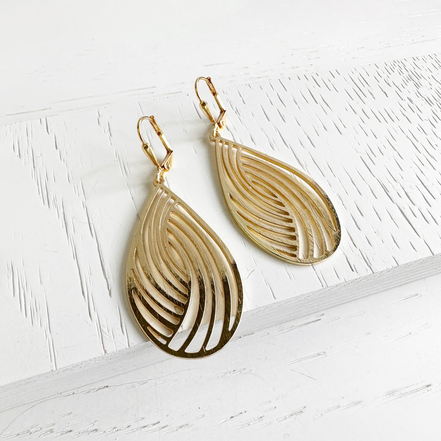 Swirl Teardrop Dangle Earrings in Brushed Brass Gold