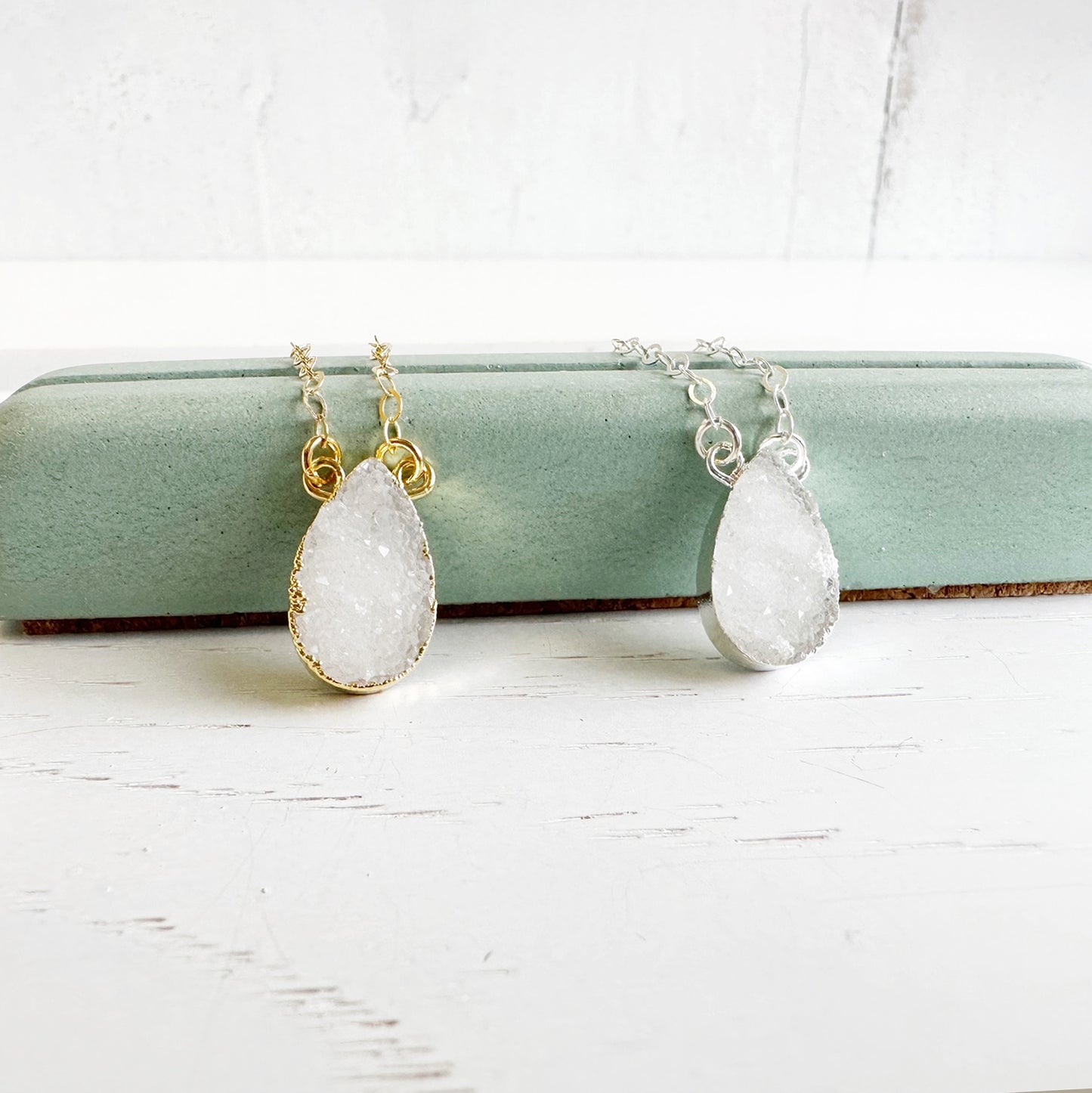 Small White Druzy Teardrop Necklace in Gold Filled or Sterling Silver