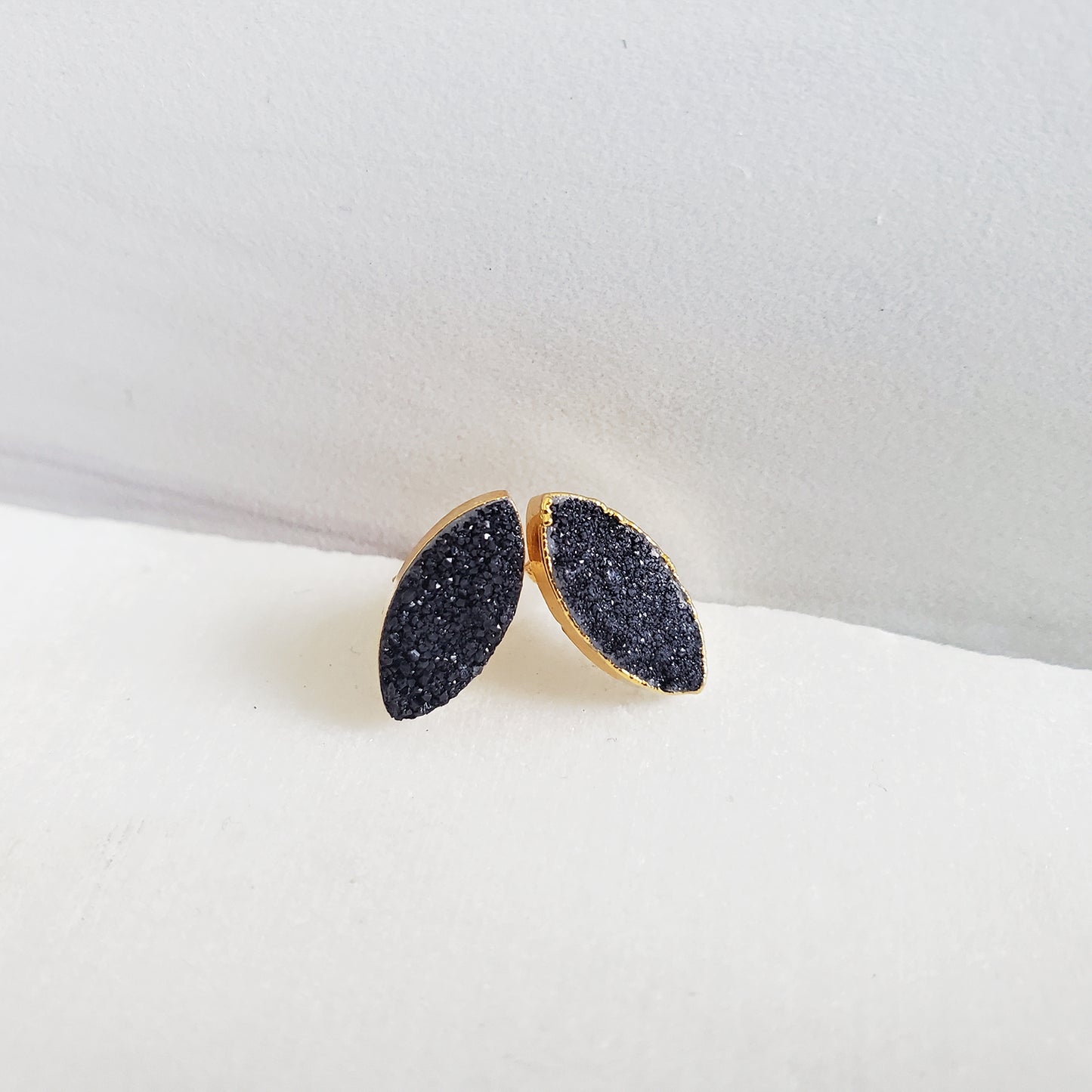 Black Druzy Marquise Stud Earrings in Gold