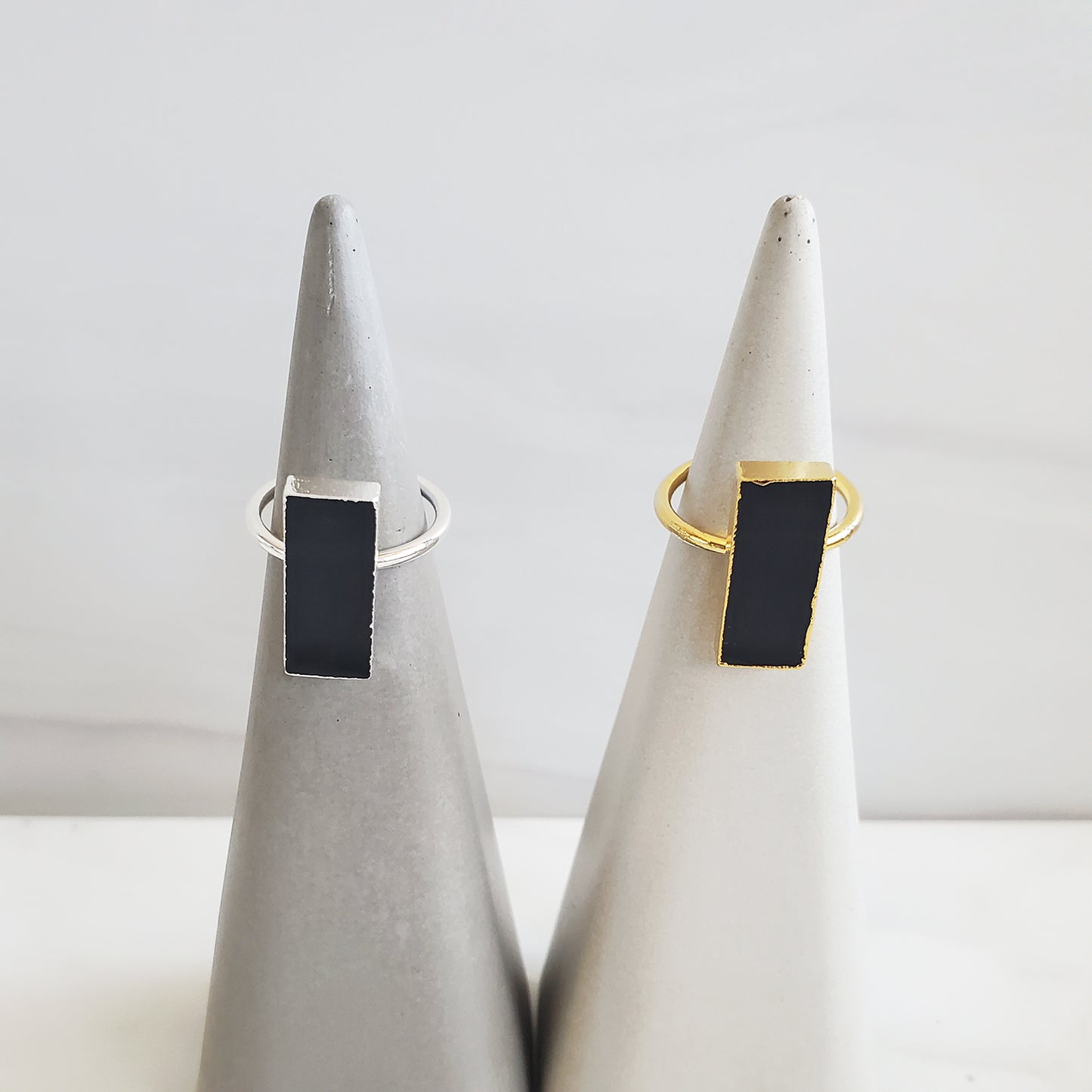 Black Onyx Rectangle Bar Statement Ring in Gold and Silver