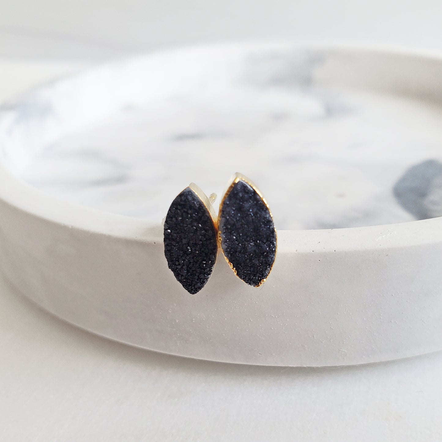 Black Druzy Marquise Stud Earrings in Gold