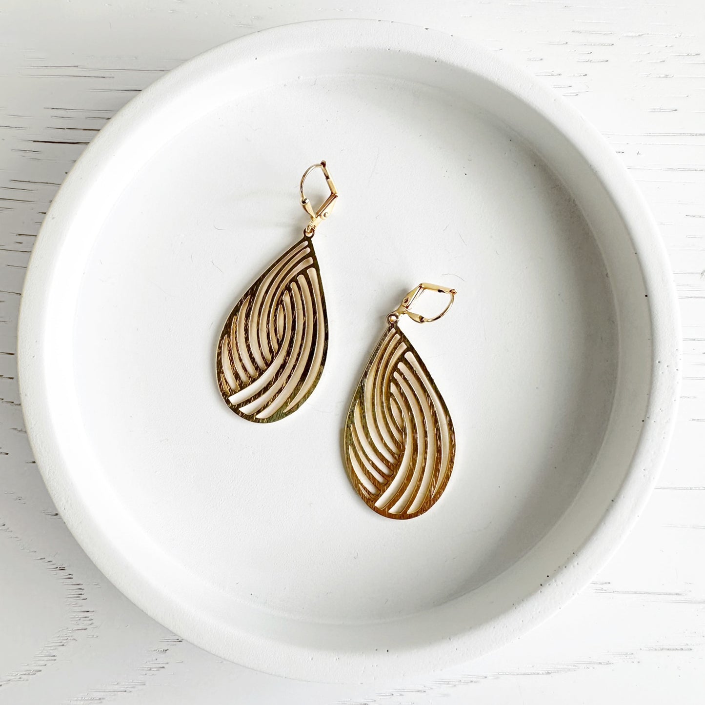 Swirl Teardrop Dangle Earrings in Brushed Brass Gold