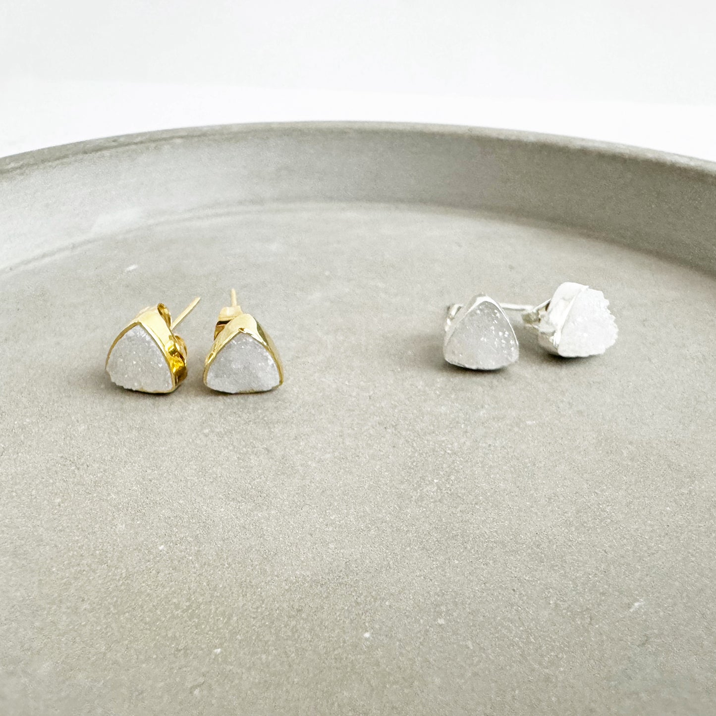 White Druzy Triangle Stud Earrings in Gold and Silver