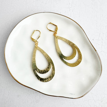 Double Teardrop Dangle Earrings in Brushed Gold