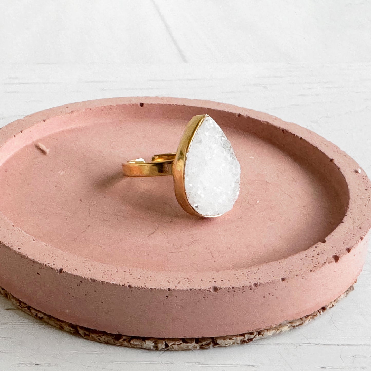 White Druzy Teardrop Statement Ring in Gold