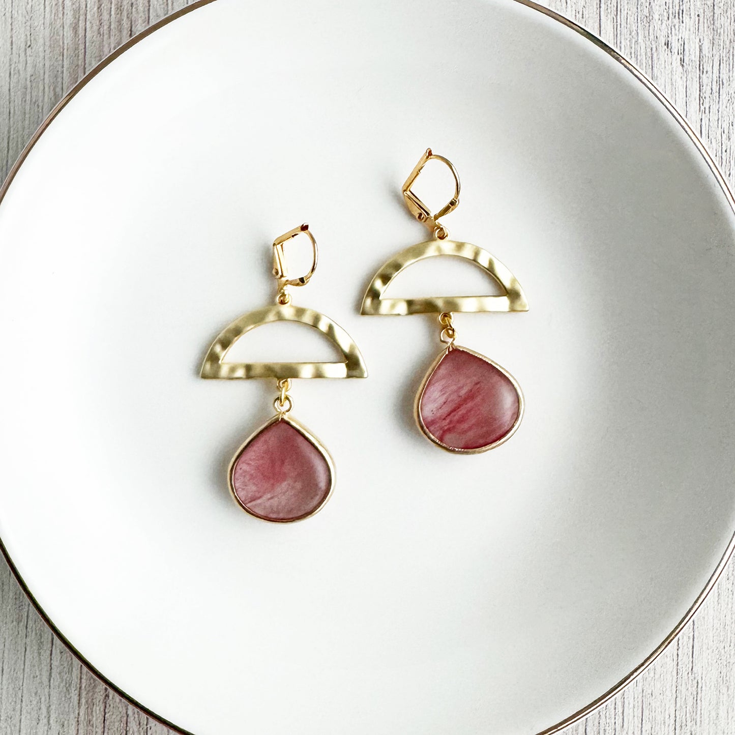 Hammered Brass Half Moon and Pink Glass Teardrop Earrings