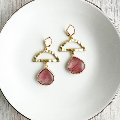 Hammered Brass Half Moon and Pink Glass Teardrop Earrings