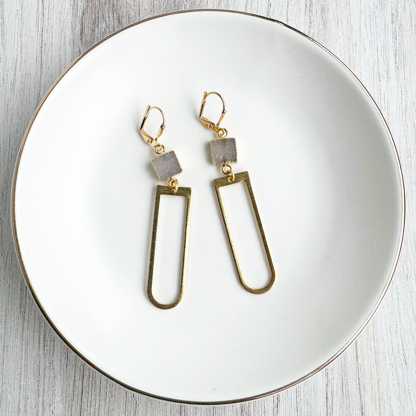 Raw Brass Horseshoe and Natural Druzy Dangle Earrings