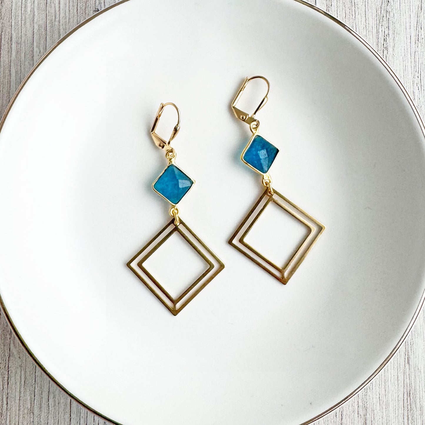 Raw Brass Layered Diamond and Apatite Statement Earrings