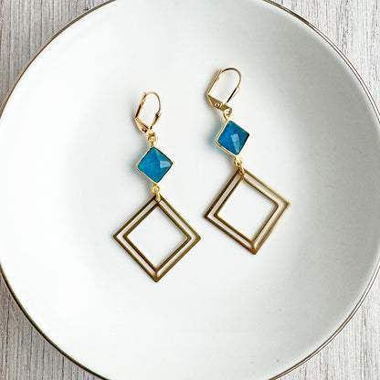 Raw Brass Layered Diamond and Apatite Statement Earrings