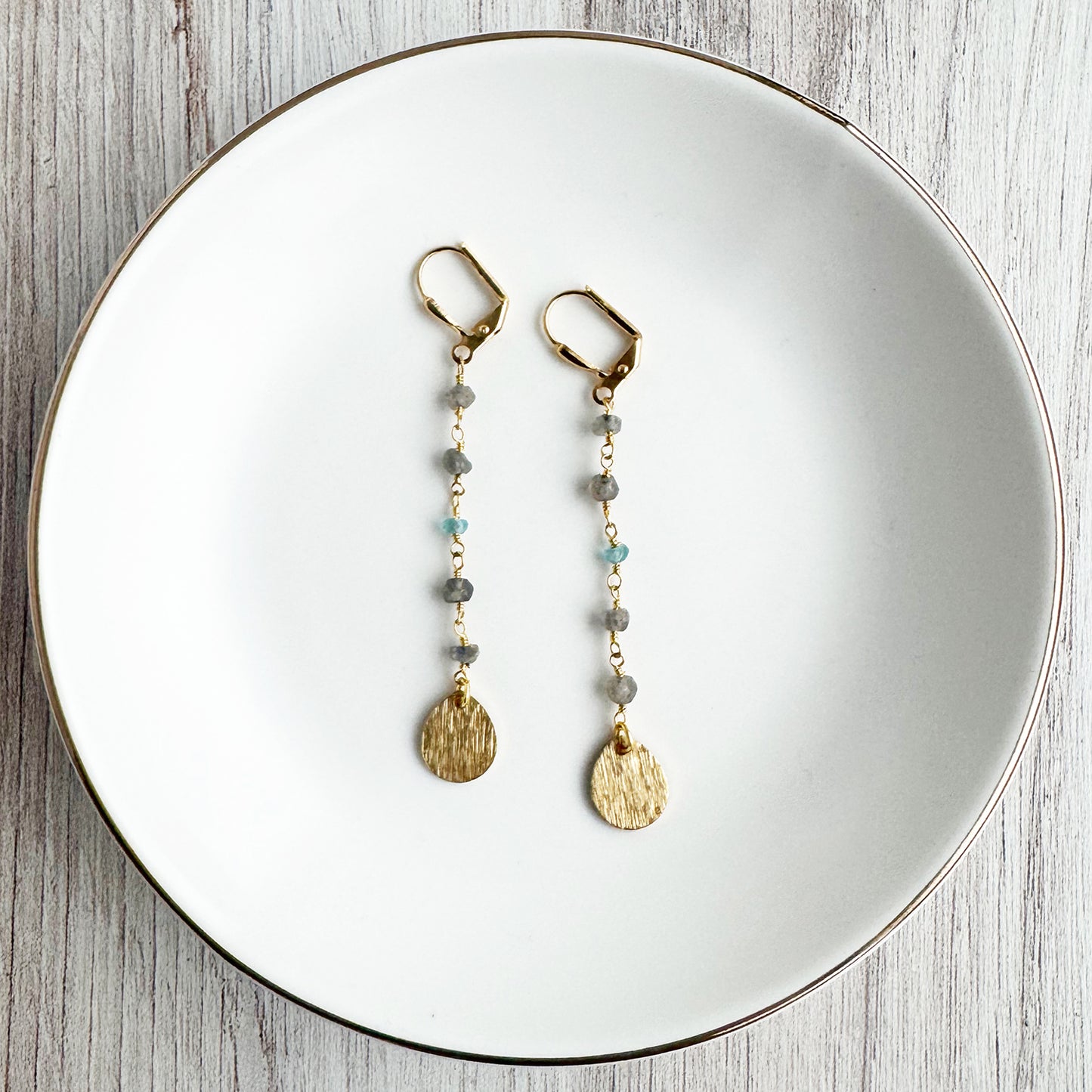 Long Raw Brass and Labradorite Beaded Dangle Earrings