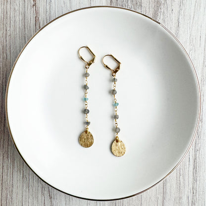 Long Raw Brass and Labradorite Beaded Dangle Earrings