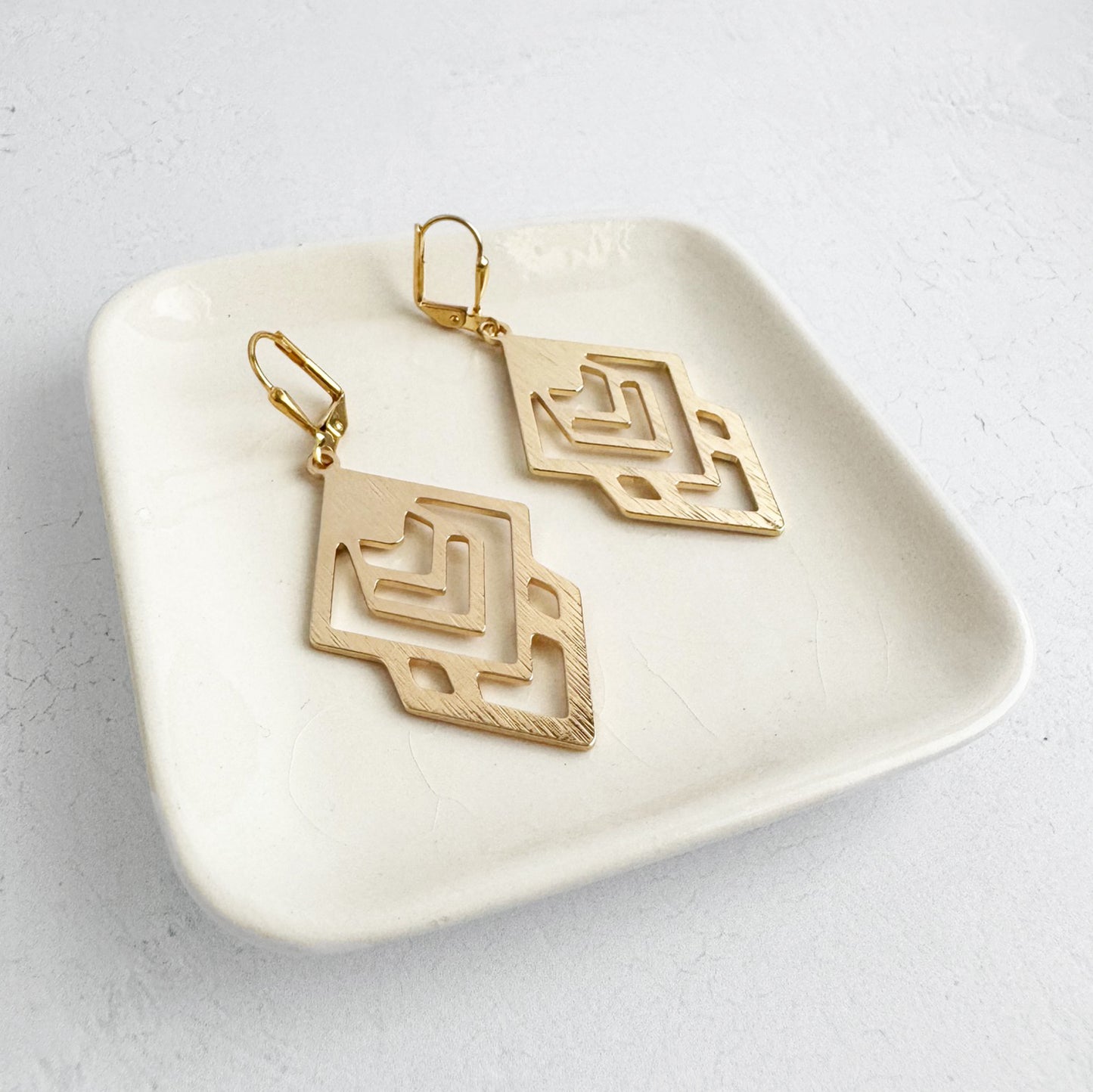Abstract Geometric Dangle Earrings in Brushed Gold