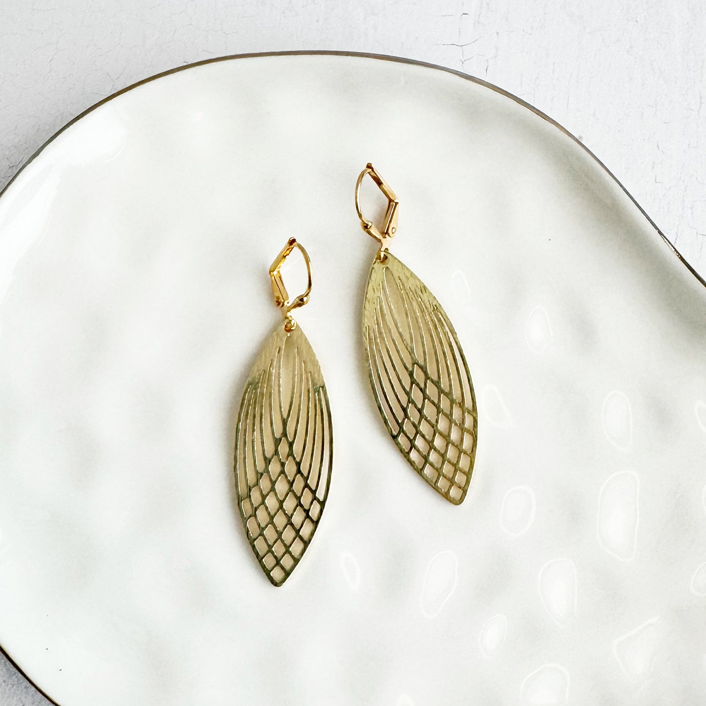 Patterned Marquise Dangle Earrings in Brushed Gold