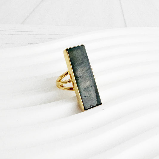 Large Labradorite Rectangle Bar Statement Ring in Gold and Silver