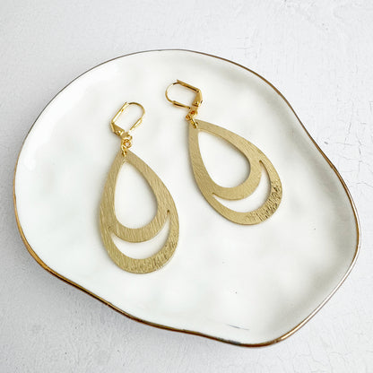 Double Teardrop Dangle Earrings in Brushed Gold