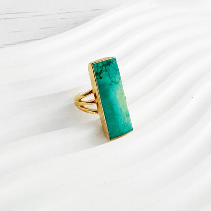 Large Tibetan Turquoise Rectangle Bar Statement Ring in Gold and Silver