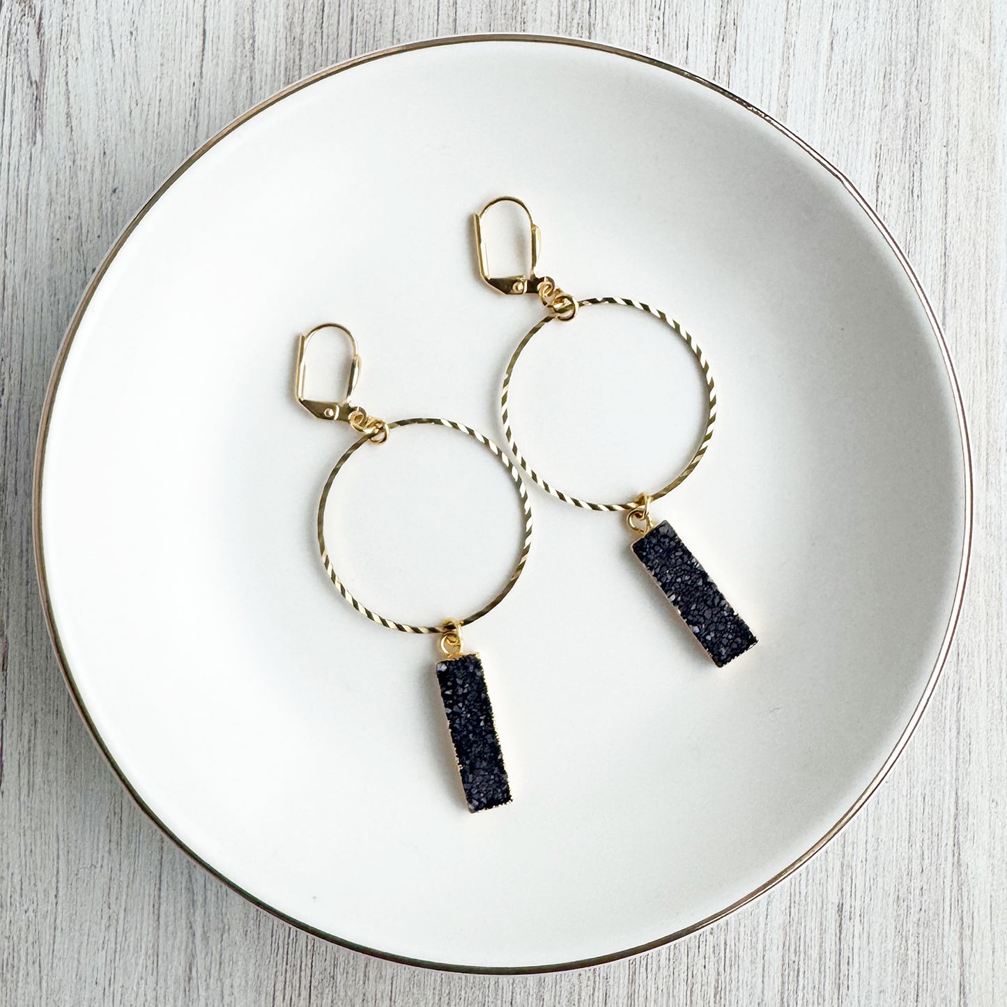 Hammered Brass Hoop and Black Druzy Earrings