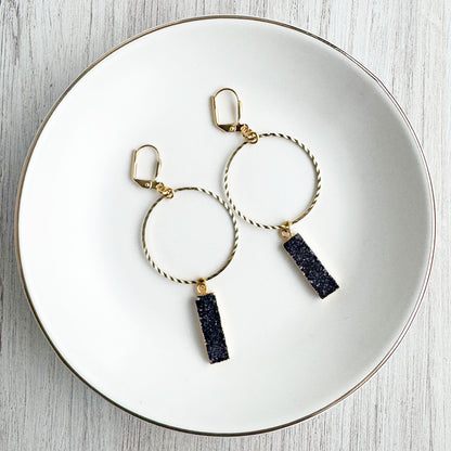 Hammered Brass Hoop and Black Druzy Earrings