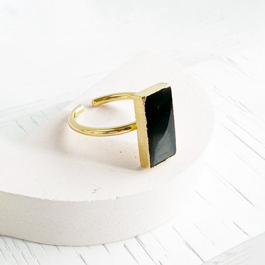 Small Black Onyx Rectangle Statement Ring in Gold