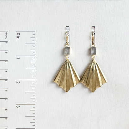 Raw Brass Fan and Rutilated Quartz Dangle Earrings