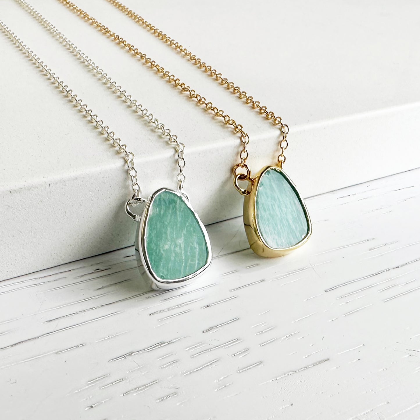 Amazonite Asymmetrical Teardrop Necklace in Gold and Silver