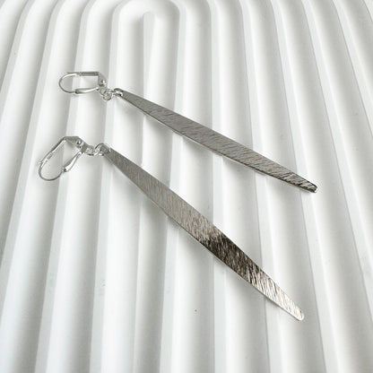 Long Stick Bar Earrings in Brushed Silver