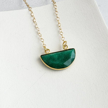 Small Half Moon Crescent Necklace - Raw Emerald