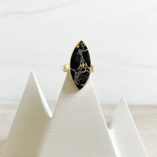 Black Mojave Marquise Statement Ring in Gold. Cocktail Ring