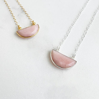 Small Half Moon Crescent Necklace - Pink Opal