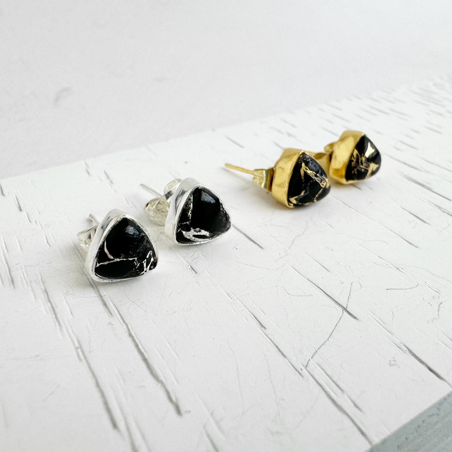 Black Mojave Triangle Stud Earrings in Gold and Silver