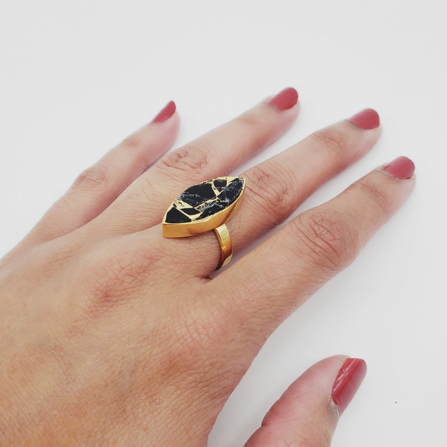 Black Mojave Marquise Statement Ring in Gold. Cocktail Ring