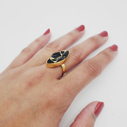 Black Mojave Marquise Statement Ring in Gold. Cocktail Ring